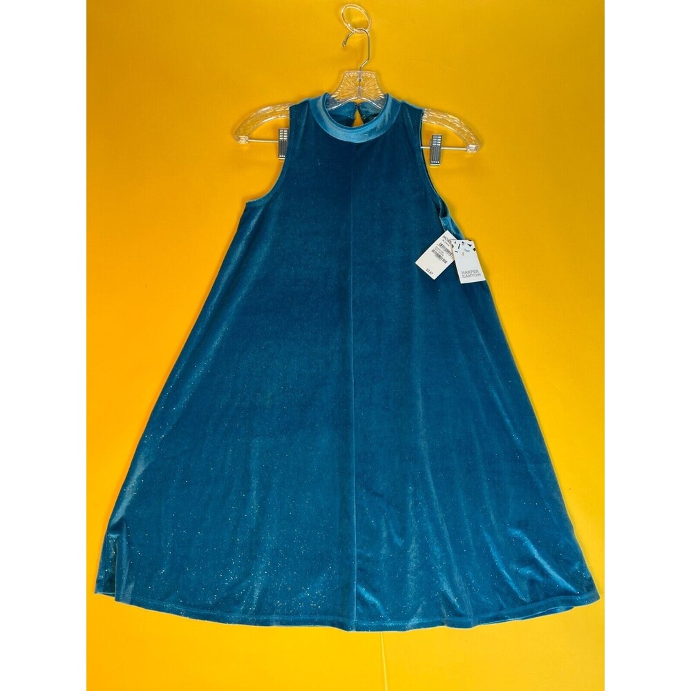 Harper Canyon A-Line Mock Neck Dress Girls XL (14-16) Velour Teal Ocean Blue NWT